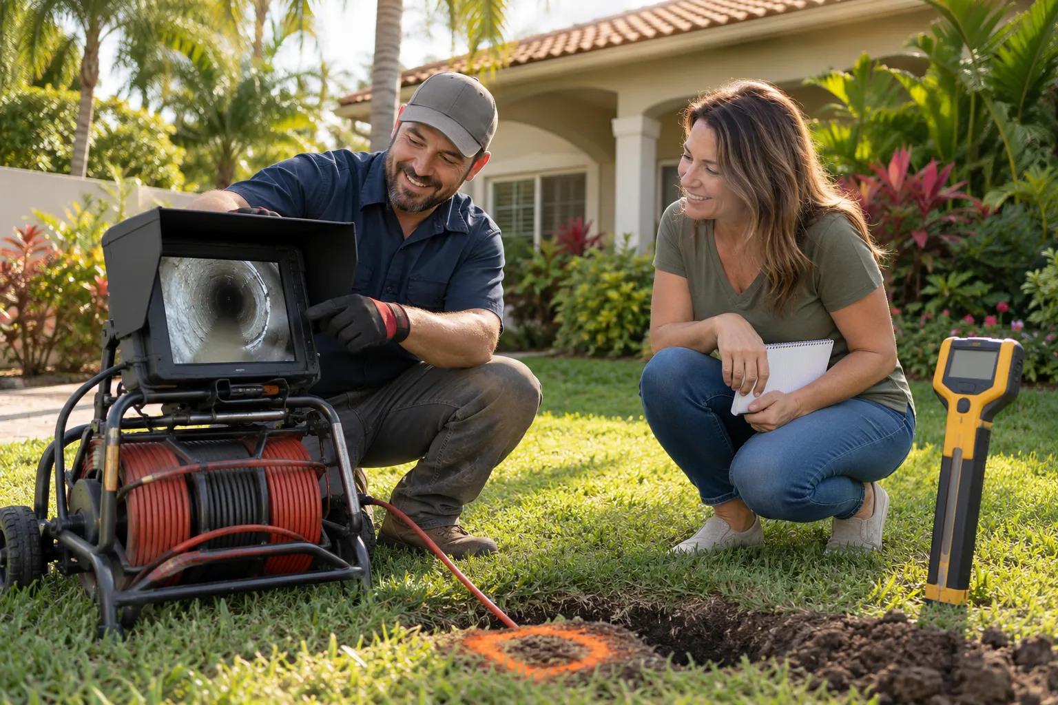 A friendly local provider reviewing a sewer camera inspection screen with a homeowner in the Plant City area